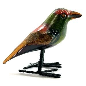 Hand Painted Wooden Bird Figurine Green Red Brown Folk Art Miniature